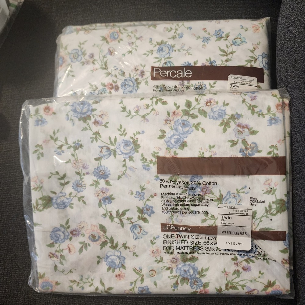 JC Penny Percale Twin Flat & Fitted Sheet Vtg. 180 Count